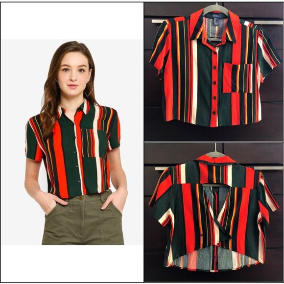 Colourful Striped Crop Shirt with Cut-Out Back Size S - Picture 4 of 16